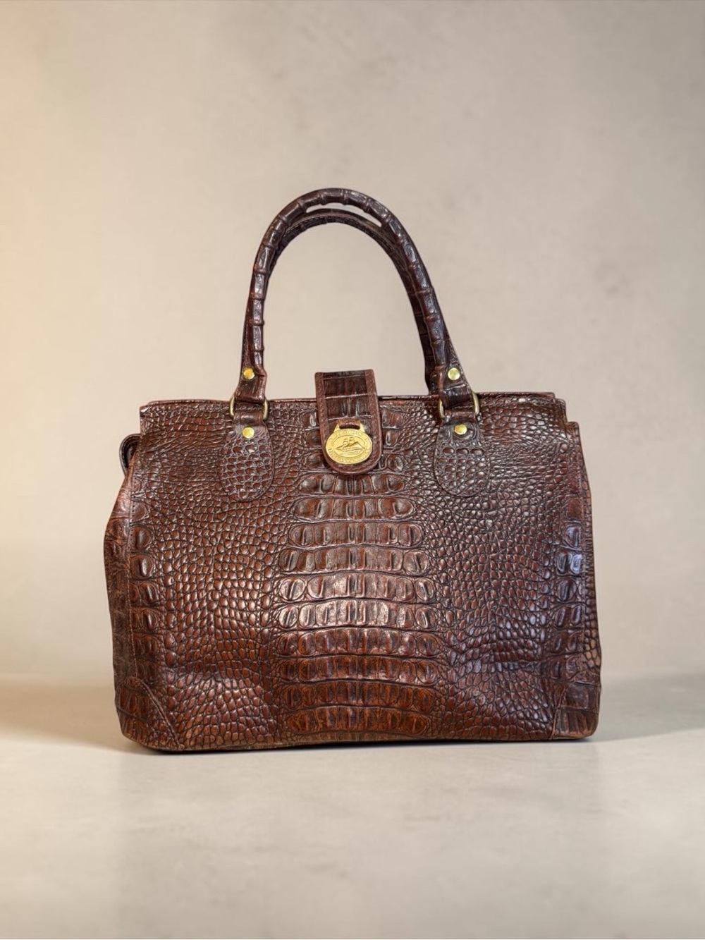 VINTAGE Brahmin Chocolate Croc-Embossed Leather Satchel with Gold Hardware